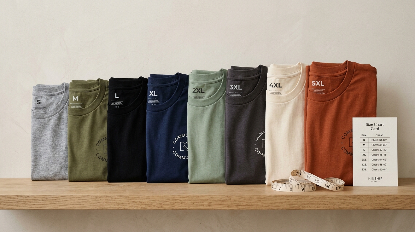 The same graphic t-shirt shown across a range of sizes on a neutral studio backdrop