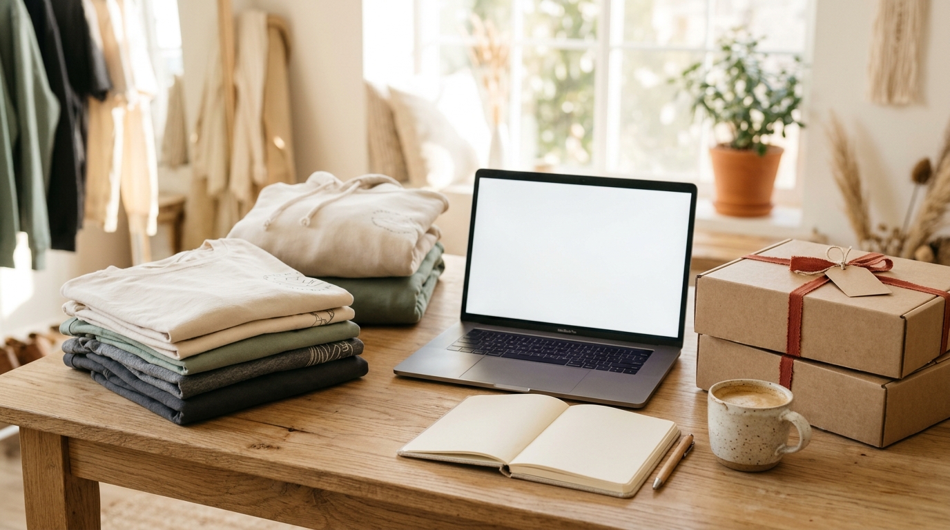 Black Friday and Cyber Monday planning flat lay with folded graphic tees, hoodie, laptop and mailer boxes
